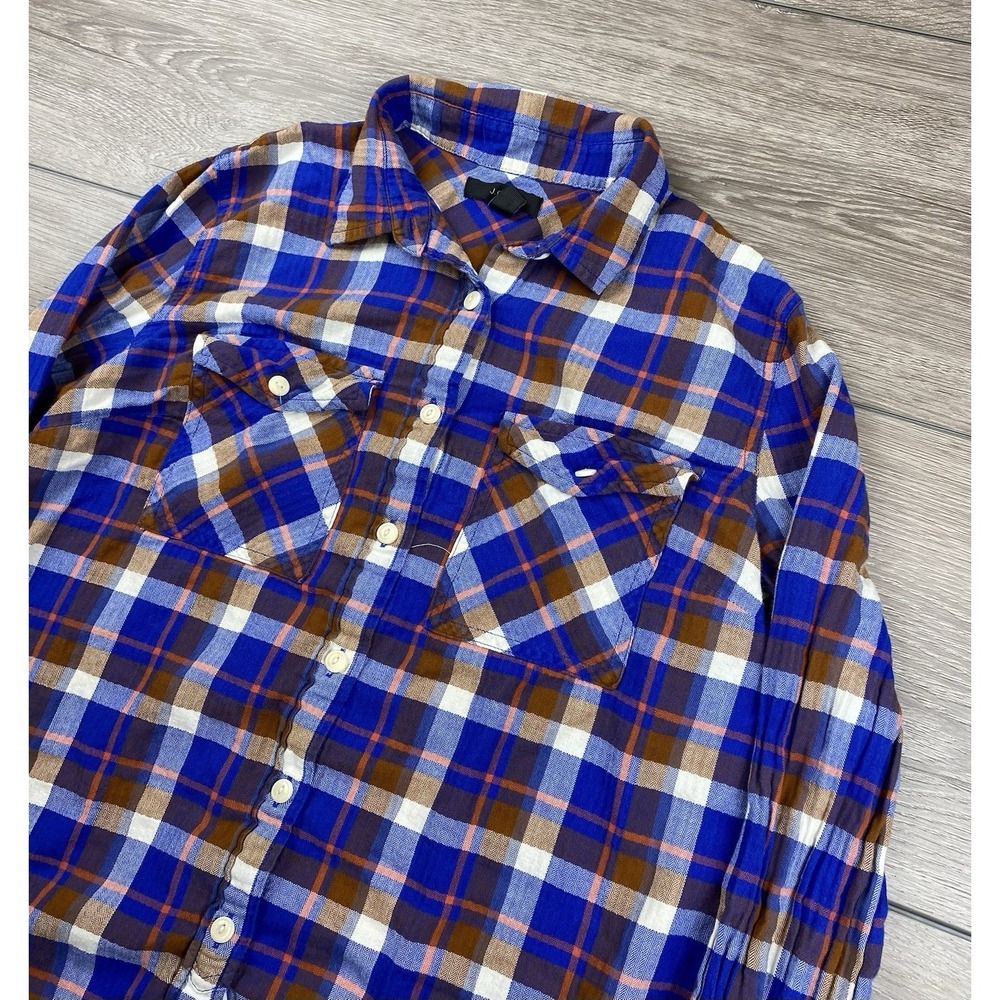J Crew Women's Plaid Long Sleeve Flannel Shirt Blue Brown Orange Size‎ 4